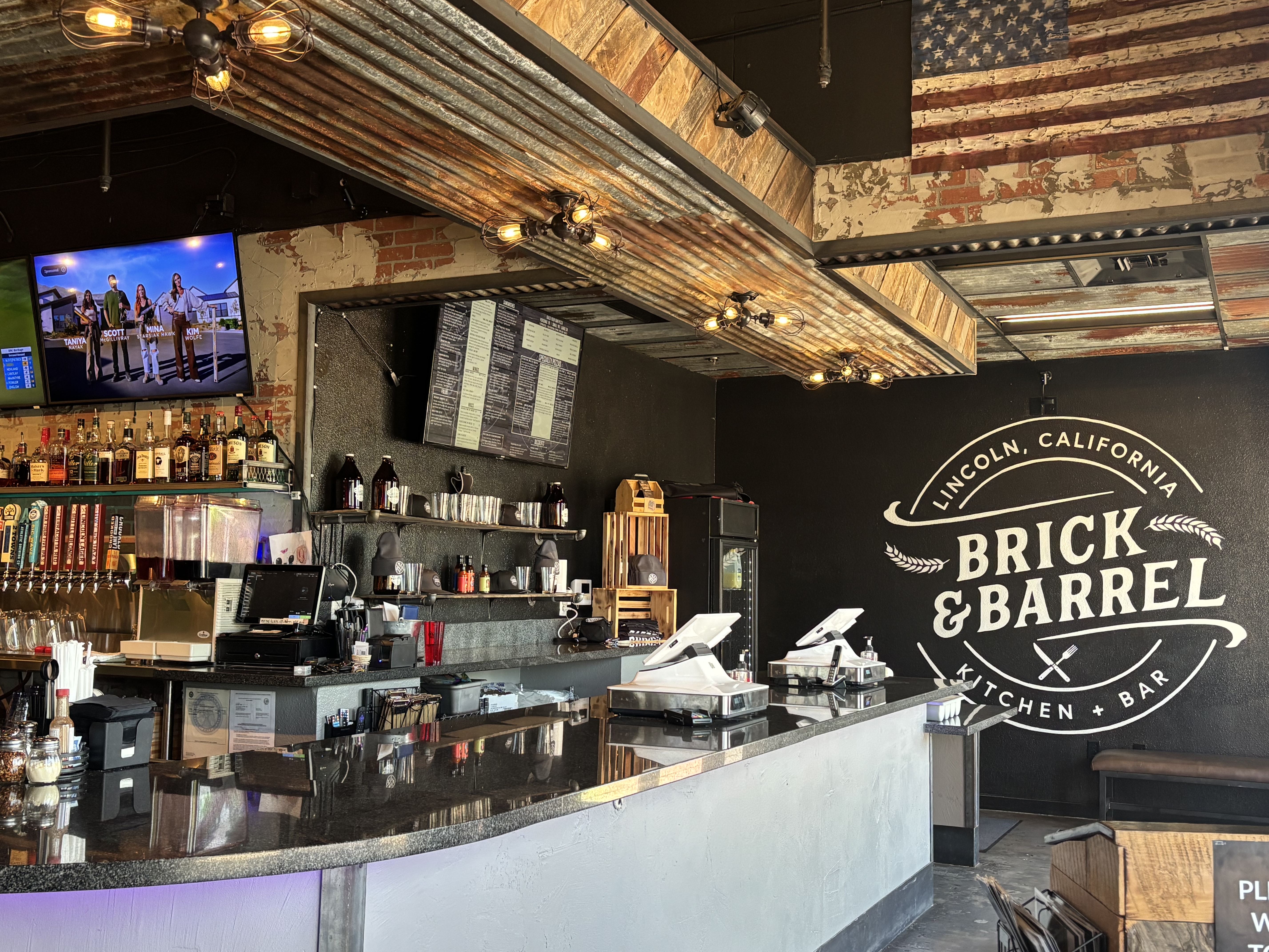 Bar area with corrugated metal ceiling